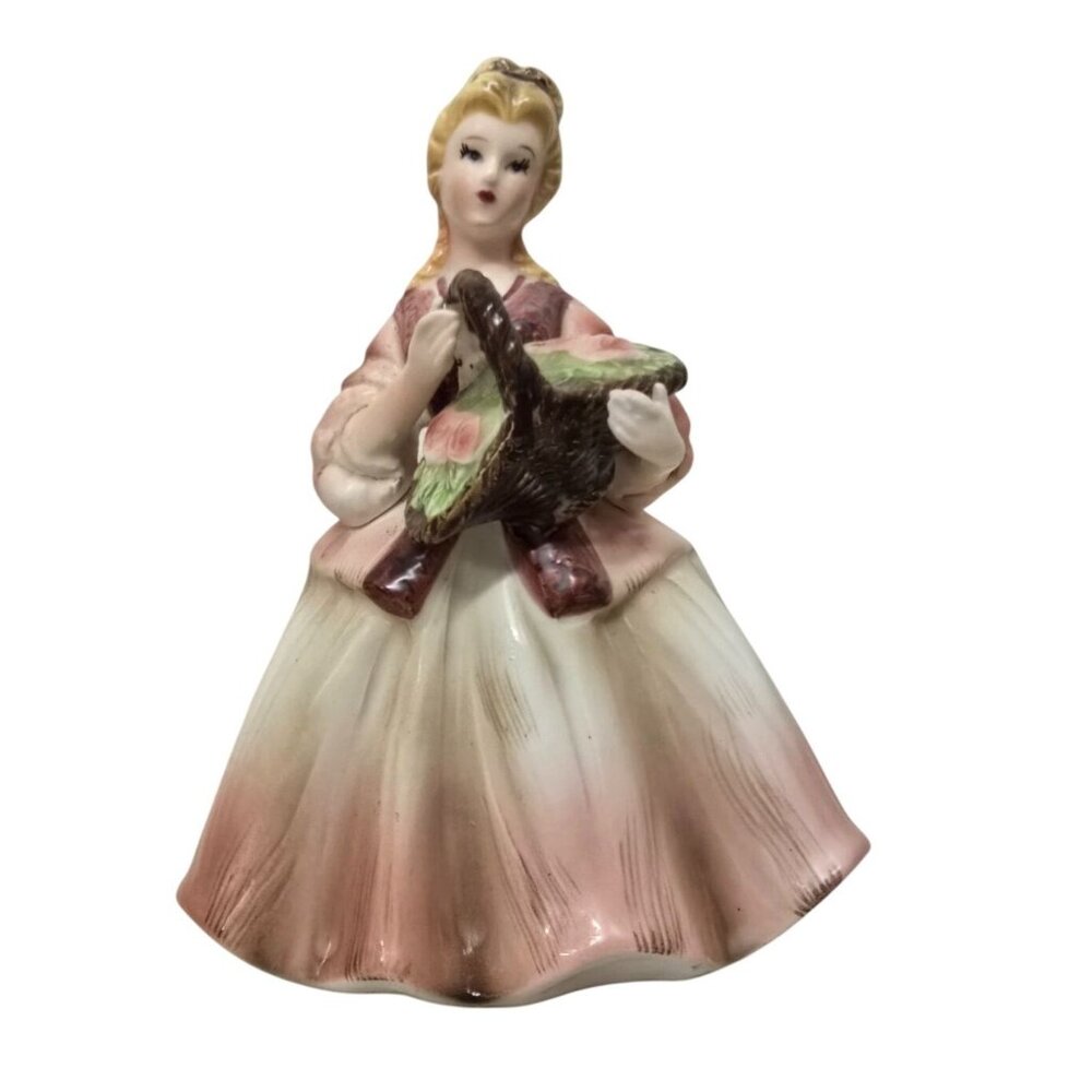 Vintage Lefton Lady Figurine Planter With Basket Pink/White Ceramic